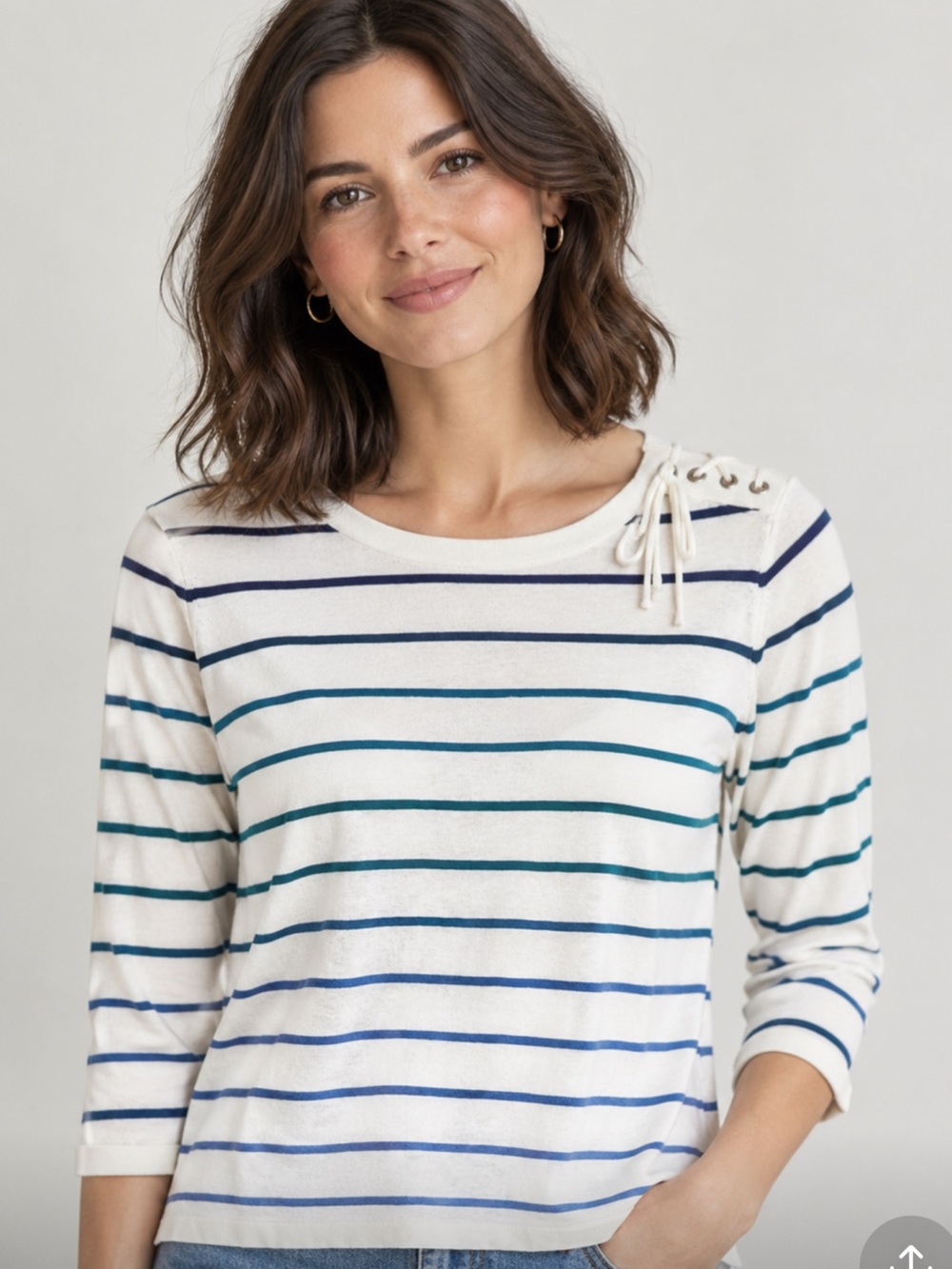 Talbots Cream Stripe Lace-Up Shoulder Knit Top